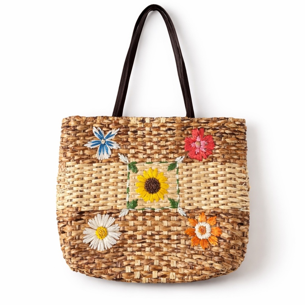 Charter Club Straw Woven Tote Bag Yellow Floral Applique Purse Line Beach Summer
